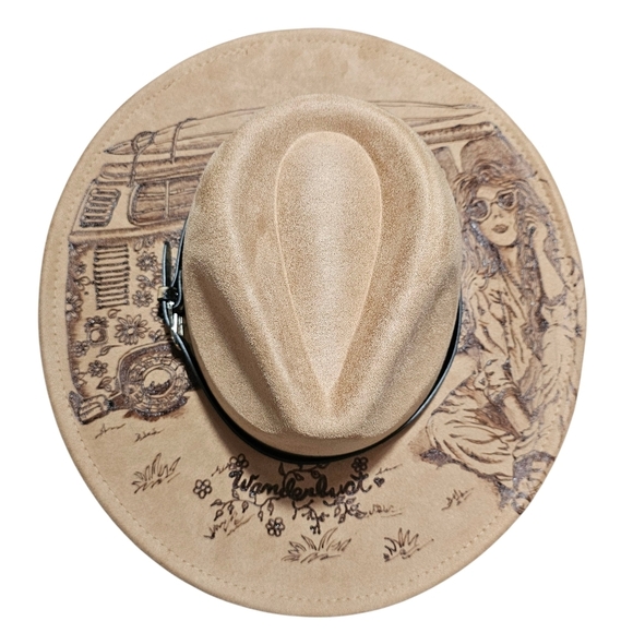 Hand Burned Tan Fedora Hat With A Hippie, Boho Vibe. Wanderlust. - Picture 6 of 6